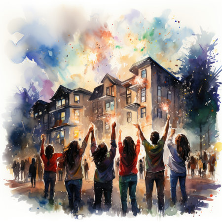 Watercolor group of young people dancing in the cityの素材