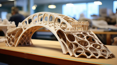 Wooden model of the bridge on the table in the store.の素材