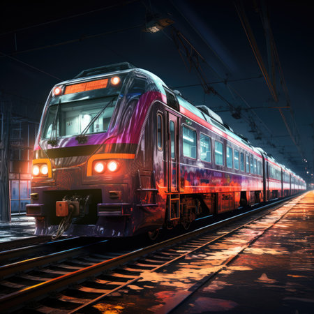 High speed train on the railway station at night.の素材