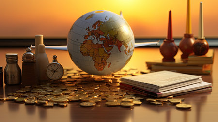 Globe, books and coins on the table.の素材