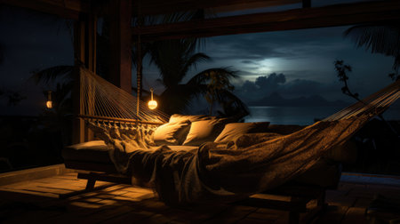 Comfortable hammock with pillows on the beach at night.の素材