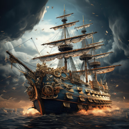 sailing ship in the stormy seaの素材