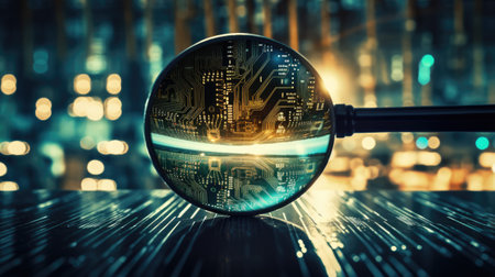 Glass globe with digital circuit on bokeh background. 3D renderingの素材