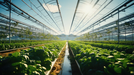 Greenhouse with rows of young lettuce plants growing in a greenhouse.の素材