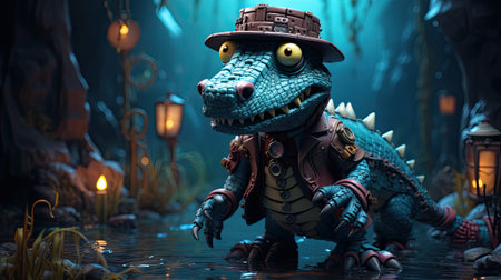 a fantasy dragon in a fantasy forest with lanternsの素材