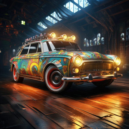 Vintage car with colorful lights on the roof.の素材