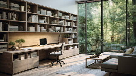 Interior of modern office with wooden furniture and panoramic windowの素材