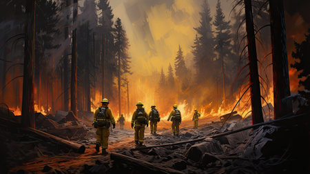 Firefighters fighting a fire in the forest.の素材