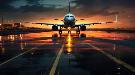 Airplane in the airport at sunset. Travel concept.の素材