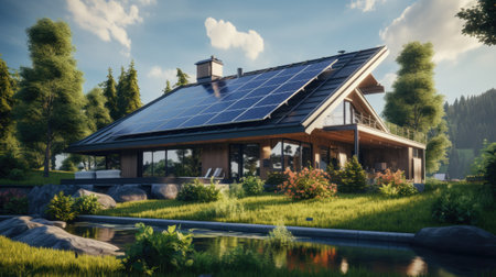 Solar panels installed on the roof of a house with a beautiful landscape.の素材