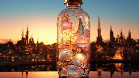 Glass bottle with christmas ornaments against the background of the cityの素材