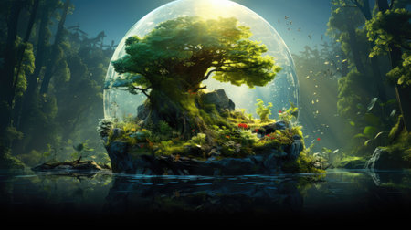 Fantasy landscape with a green bonsai tree in the waterの素材