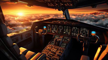 Cockpit of airplane flying above clouds at sunset.の素材