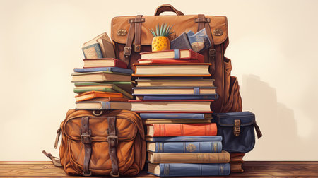 Vintage style image of a backpack with books and a pineapple on a wooden floorの素材