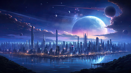 Fantasy landscape with planet and skyscrapers in the moonlightの素材