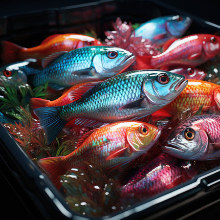Fresh fish in a plastic container on a black background. Close up.の素材