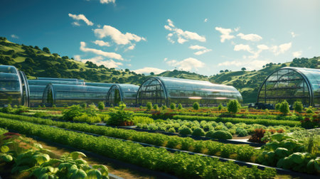 Greenhouse of hydroponic farm in sunny day, vintage styleの素材