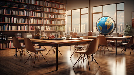 Modern conference room interior with wooden floor, bookshelves and world globe.の素材