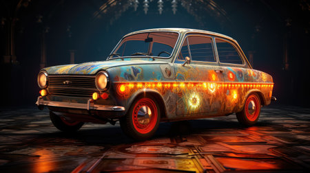 Vintage car with colorful lights on the background of the old wallの素材