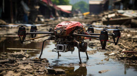 Aerial drone quadcopter with remote control flying over muddy groundの素材