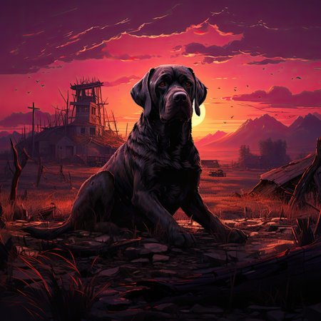 Rottweiler dog in the field at sunset.の素材