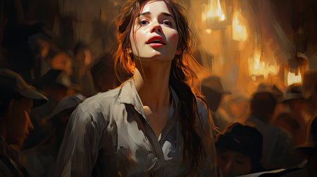 Portrait of a beautiful young woman with red lips on a background of the night city.の素材