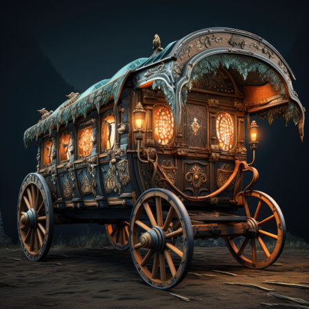 Wooden carriage with lanterns in the nightの素材