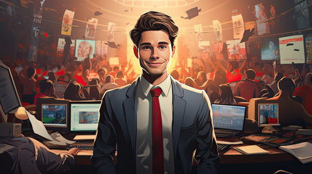 Portrait of a handsome young businessman standing in front of his computer screens and looking at the camera.の素材