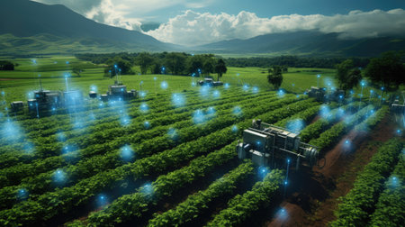 field of strawberry farm with light flareの素材