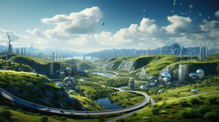 Green planet with windmills in the background.の素材