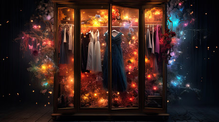 Fantasy interior with dress hanging on a door.の素材