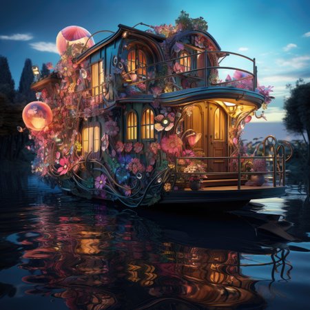 Fantasy House on the water with reflectionの素材