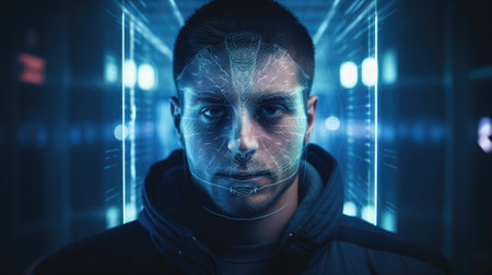 Portrait of a hacker with glowing digital face on dark blue backgroundの素材
