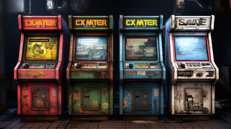 Old vintage arcade game machine in night time.の素材