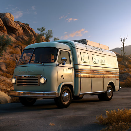 Vintage van on the road in the desert.の素材