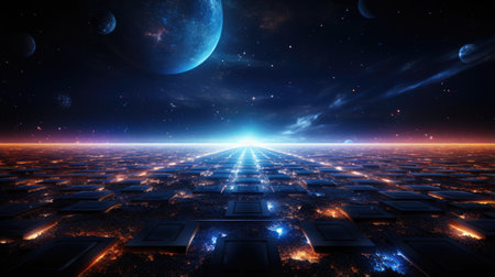Futuristic cyber space with planets and stars in the background.の素材