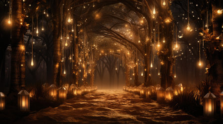 Mystical dark alley in the forest with glowing lights.の素材