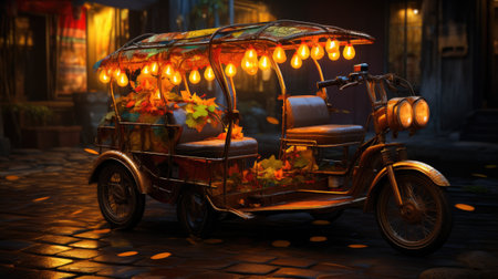 Tuk tuk in the city street at night with yellow leavesの素材