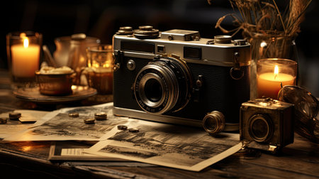 Vintage camera, old photos and candles on a wooden table.の素材