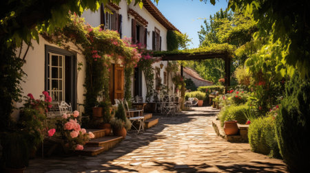 Beautiful garden with flowers and plants in the old house. Vintage style.の素材