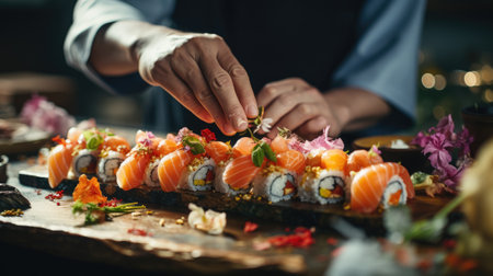 Close up of female hands holding sushi roll on a wooden table.の素材