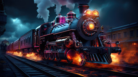 Steam locomotive at night in the city.の素材