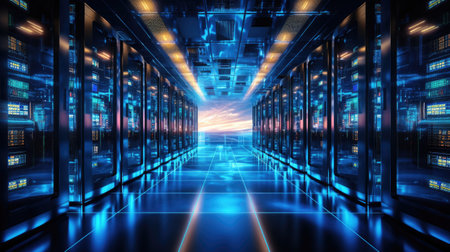 Futuristic server room with neon lightsの素材