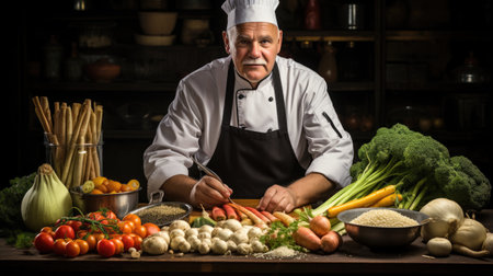 Portrait of a senior male chef cutting vegetables in the kitchen.の素材