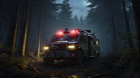 a fire truck in a dark forest at nightの素材