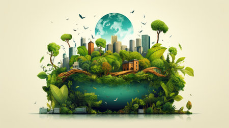 Ecology concept with green planet and cityscape on white background.の素材