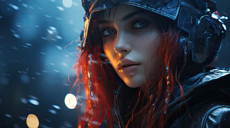Fantasy portrait of a beautiful girl with red hair in a leather jacket.の素材
