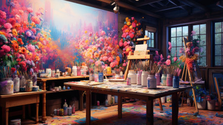 Painting room interior with flowers and oil paints.の素材