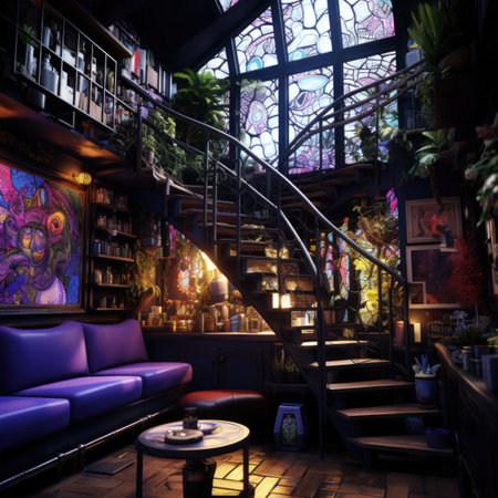 The interior of a pub with a purple sofa and a wooden floorの素材