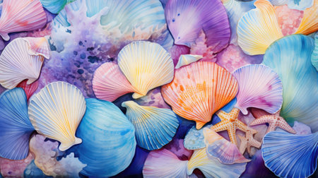 Colorful seashells on a blue background. Top view.の素材